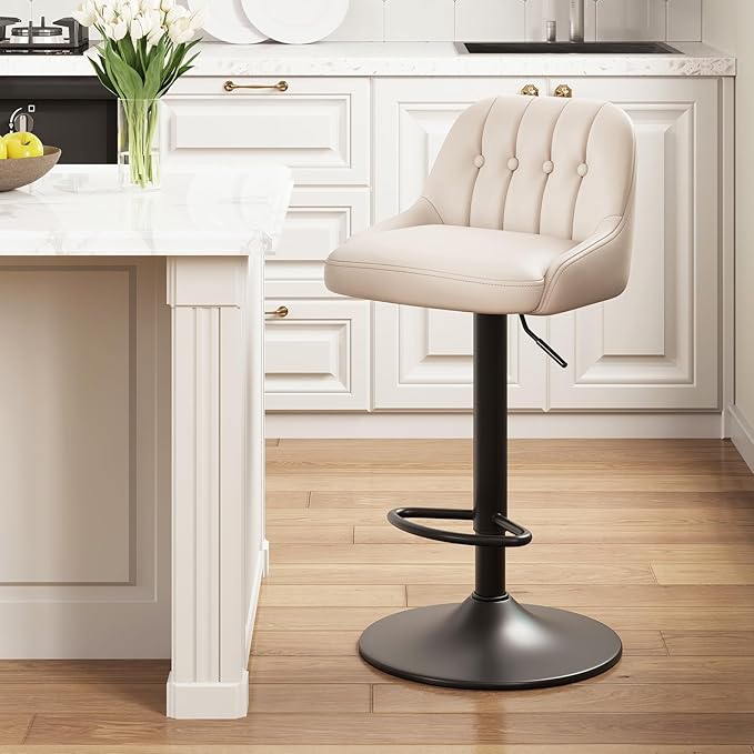 Bar Stools Set of 1, Swivel Bar Chairs, Modern Adjustable PU Leather Upholstered Barstools Counter Height with Tufted Back for Bar, Kitchen Counter Island, Dining Room, Beige