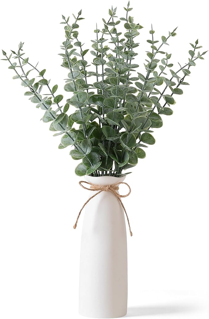 Vase with Greenery, 20pcs Artificial EucalyptusStems in White Vase, Boho Home Decor Plant, 19" Decorative Fake Plants for Home Farmhouse Mantle Centerpiece Decor