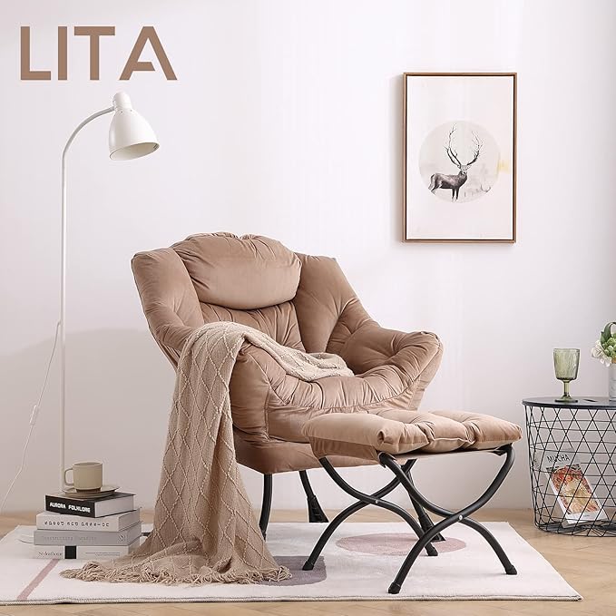 LITA Velvet Dark Brown Contemporary Accent Leisure Upholstered Sofa Chair with Ottoman, Modern Lounge Reading Chair for Living Room, Bedroom & Small Space