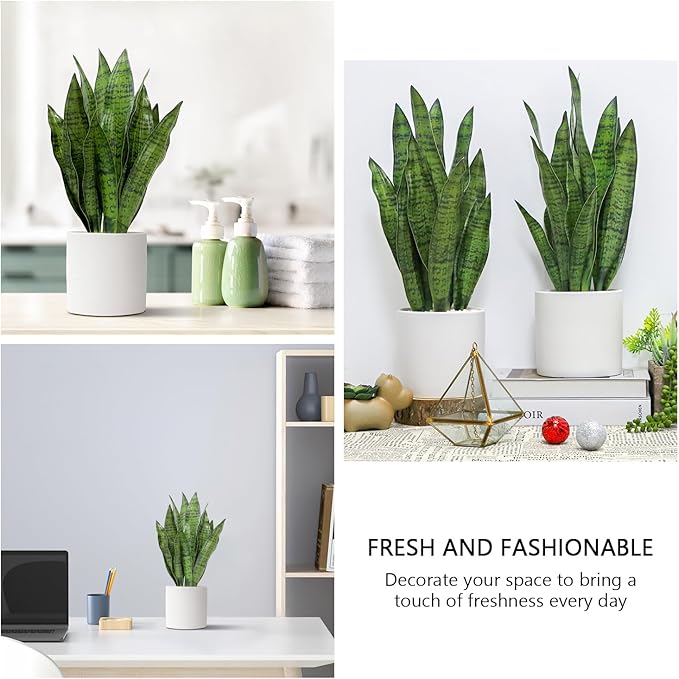 Artificial Snake Plant Set of 2, 18" Faux Snake Plant with Pure White Ceramic Pots, Fake Sansevieria for Home Decor Indoor, Office, Living Room, Housewarming Gifts