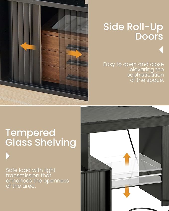 TV Stand with Power Outlet, Modern TV Cabinet for 55 60 inch TVs, Media TV Console with LED Light Strip, Media Entertainment Center with Storage, for Living Room, Bedroom, Black MDS02UDBB