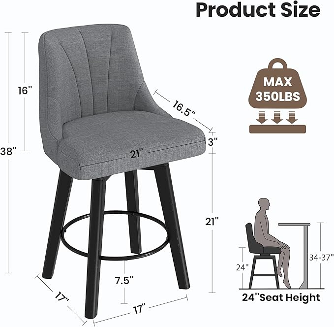 Counter Height Swivel Bar Stool, 24" Upholstered Fabric Barstools Set of 6, Counter Stool Chairs with Back & Solid Wood Legs for Kitchen Island Dining Room (Dark Gray)