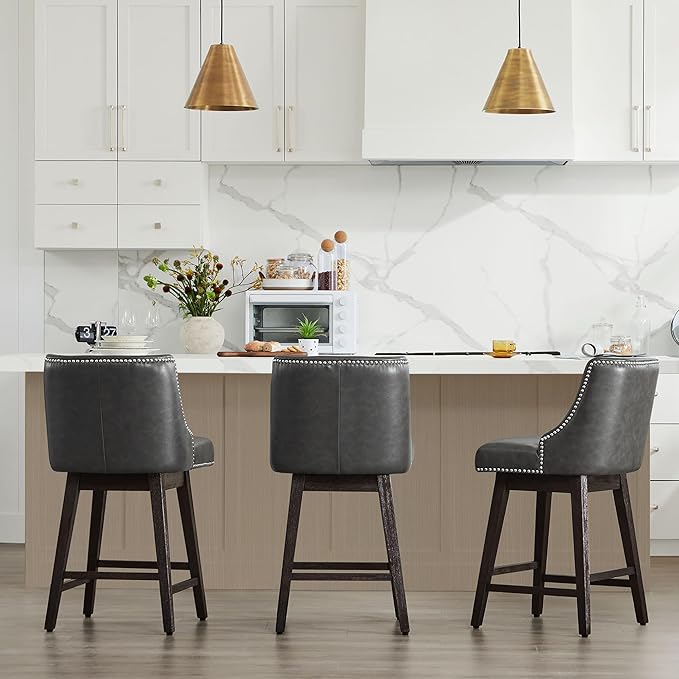 CHITA Counter Height Swivel Bar Stools Set of 3, FSC Certified Upholstered Counter Stools, Modern Swivel Barstools with Wood Legs for Kitchen Island, 26" Seat Height, Faux Leather in Retro Grey