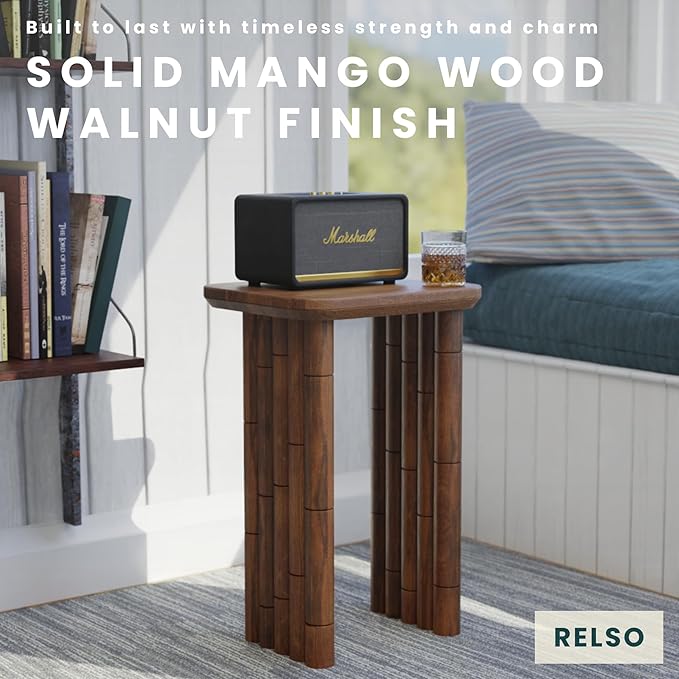 Bambos End Table - Solid Mango Wood Side Table with Bamboo-Inspired Legs | Handcrafted Accent Table for Living Room, Bedroom, Entryway | Easy Assembly, Sturdy, Compact & Durable Design | Walnut Finish