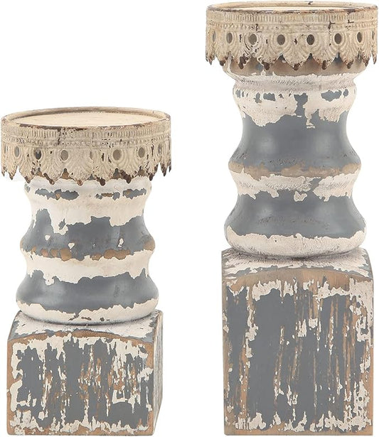 NIKKY HOME Farmhouse Pillar Candle Holder Set of 2 - Rustic Wood Decorative Candlesticks Pedestal, Centerpieces Decor for Fireplace Mantle Coffee Bar Dining Table, Distressed Grey