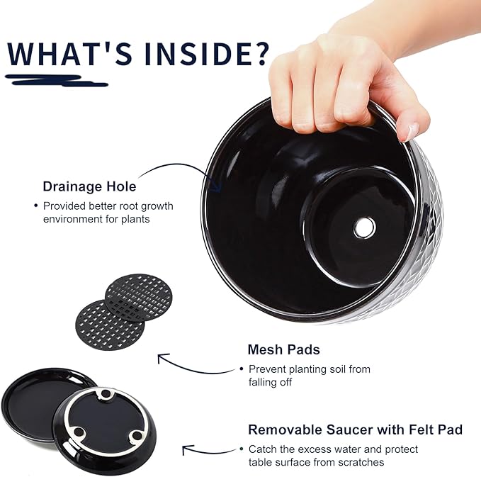 Sureasy Ceramic Indoor Plant Pots - 5.6 Inch Flower Pots for Plants with Drainage Hole and Saucer, Embossed Planter for Succulents, Orchid, Cactus, Indoor Home Decor, Set of 4, Black