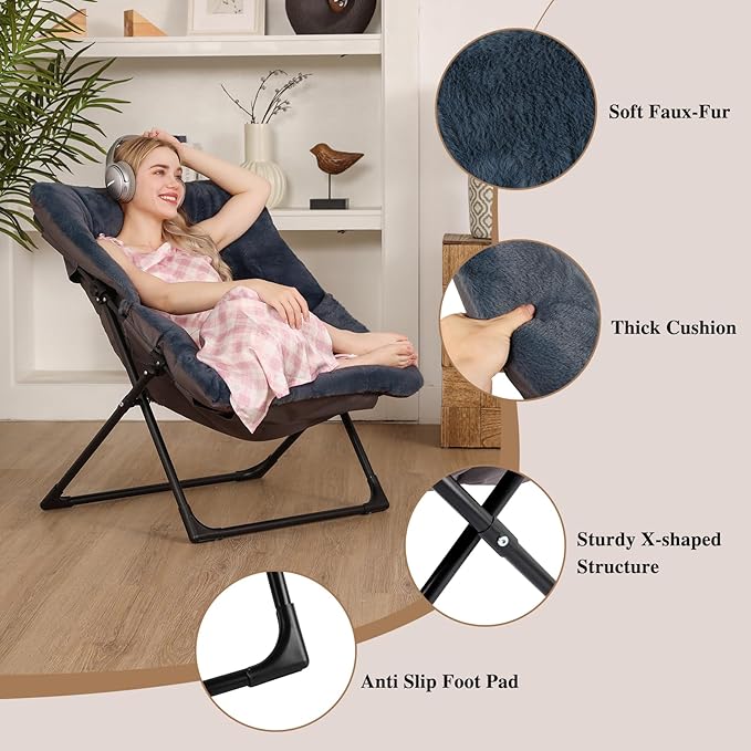 Comfy Saucer Chair for Adults, Soft Faux Fur Bedroom Chair with Ottoman, Accent Dorm Chairs, Living Room Reading Chairs and Footstool, Folding Lounge Seat for Teens, X-Large, Navy Blue