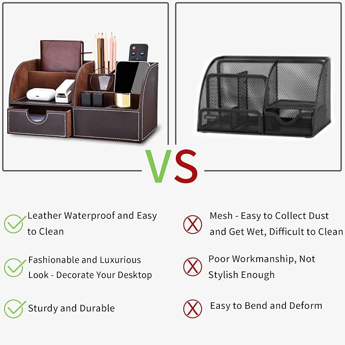 KINGFOM Pu Leather Desk Organizer Pen Pencil Holder Office Supplies Caddy Storage Box 6 Compartments with Drawer Brown