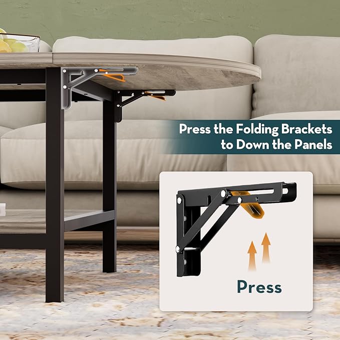 SAYGOER Folding Coffee Tables for Living Room 2-Tier Extended Coffee Table with Storage Vintage Farmhouse Center Table for Large or Small Spaces, Foldable, Gray Wash