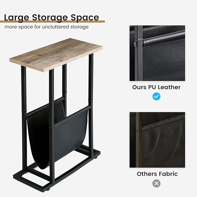 Narrow Side Table with PU Leather Magazine Holder Rustic Slim Little Thin Table for Living Room, Bedroom, Sofa, Grey