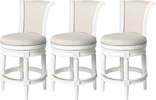 Maven Lane Pullman Counter Stool 26 Inches – Set of 3 – Swivel Stools with Footrest – Cream Solid Wood Frame & Natural Fabric Upholstery – Perfect for Kitchen Islands & Counters