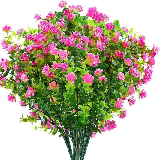 6PCS Artificial Eucalyptus Plants,Fake Boxwood Shrubs UV Resistant No Fade Faux Plastic Greenery for Wedding Bridal Bouquet Indoor Outdoor Home Garden Kitchen Office Table Vase(Pink)