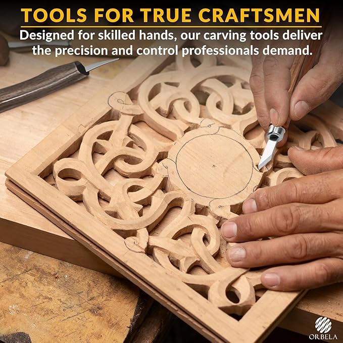 Orbela 16PCS Wood Carving Tools Set Heavy Duty with Leather Roll Bag - Complete Wood Carving Kit for Beginners & Experts, Whittling Knives, Wood Carving Chisels, Sharpening Strop, Gloves Woodworking