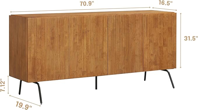 NTC Veil Modern Sideboard with 4 Doors, Buffet Cabinet with Vertical Groove Design and Metal Legs, Storage Cabinet for Living Room, and Hallway, Effortless Assembly, Teak Look