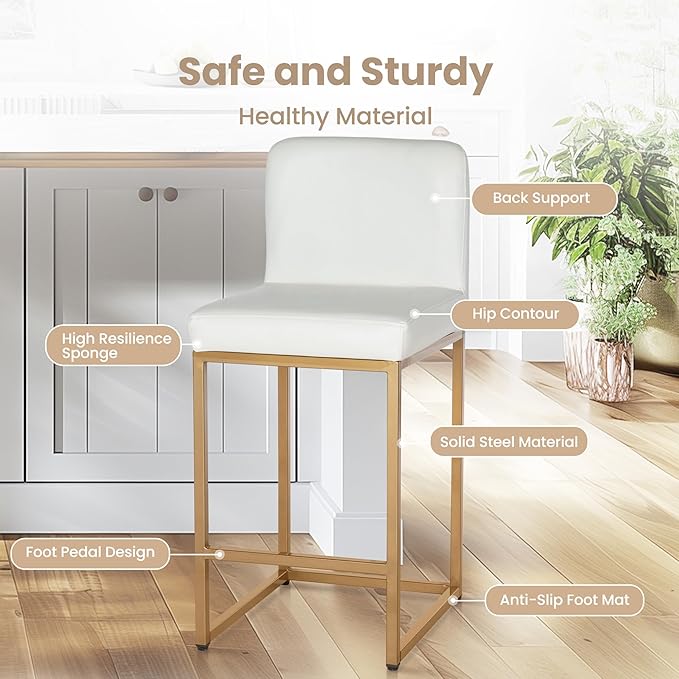 PHI VILLA Bar Stools Set of 4 - Bar Stools with Back Leather Stools for Kitchen Counter, White and Gold Counter Height Bar Stool