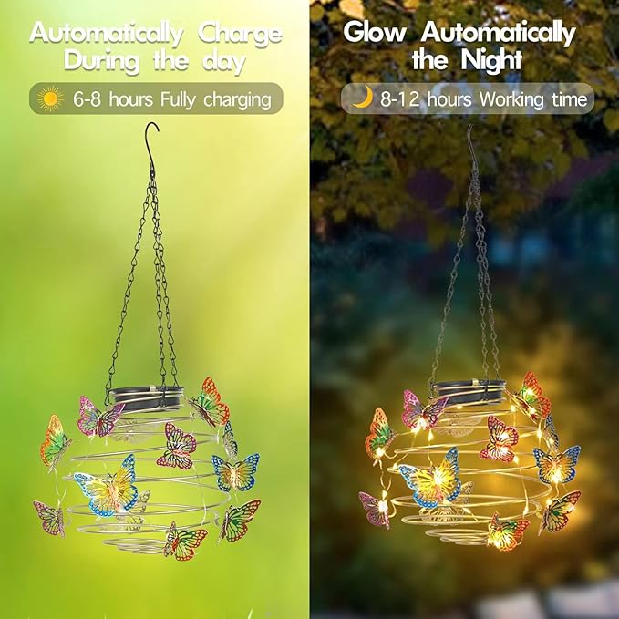 2 Pack Butterfly Solar Lights Outdoor Hanging Lantern with Handle, Solar Powered Butterflies Garden Decor for Outside Patio Yard Porch Pathway Butterfly Gifts for Women (Warm White LED Lights)
