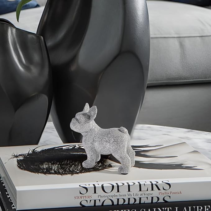 French Bulldog Statue,Resin Sparkly Frenchie Dog Sculpture Decor for Home Living Room Office Bedroom Shelf Desktop Decorations,French Bulldog Gifts for Men and Women,Silver