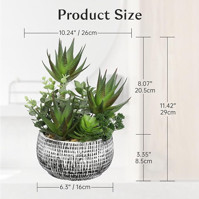 11” Large Succulents Aloe Plants Artificial in Ceramic Pots Potted Faux Succulent Eucalyptus Arrangement with Black Bowl Pots Fake Desk Succulents Plants for Home Bathroom Shelf Table Indoor Decor