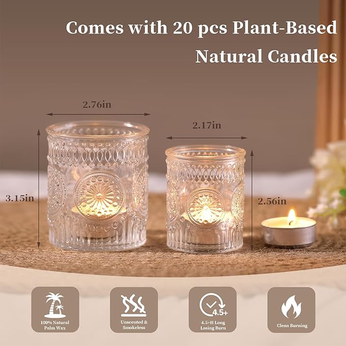Volens 20pcs Assorted Clear Votive Candle Holders with 20pcs Tealight Candles, Large Glass Votive & Tea Light Candle Holder for Wedding Table Centerpieces, Christmas Party Decorations, Fall Home Decor