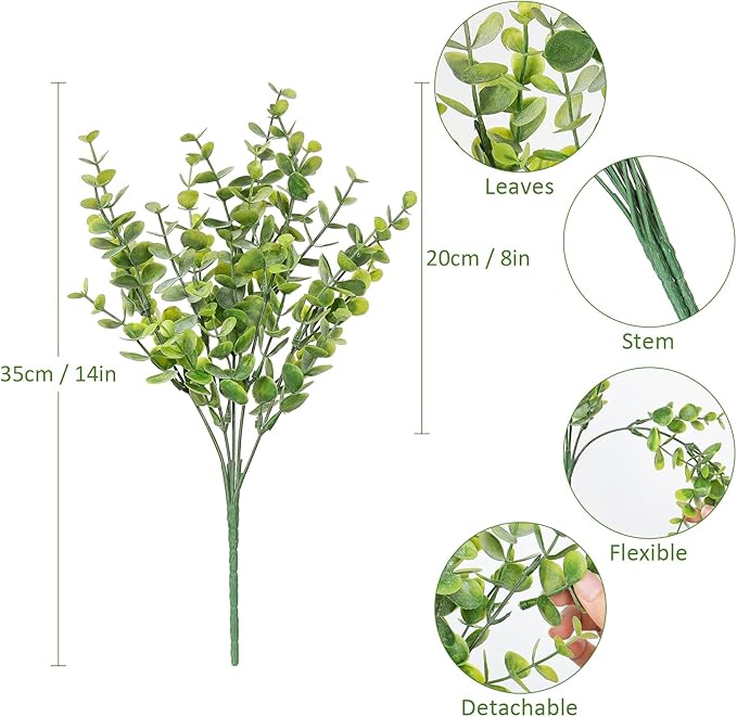 TOCHGREEN 8 Bundles Artificial Eucalyptus Leaves Plants Outdoor UV Resistant Faux Plastic Boxwood Shrubs Fake Greenery Plants for Home Farmhouse Porch Patio Window Garden Decoration (Green)