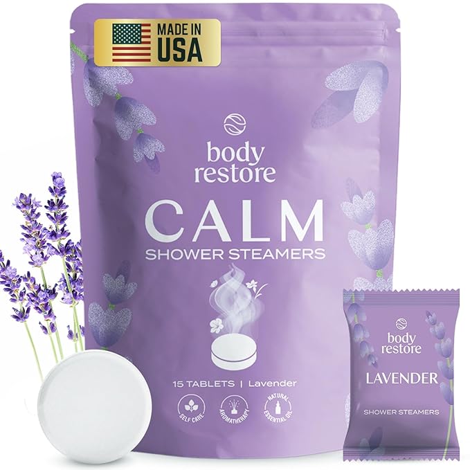 Calm: Body Restore Shower Steamers Aromatherapy 15 Pack - Christmas Stocking Stuffers, Birthday Gifts for Women, White Elephant, Relaxation, Self Care for Men - Lavender