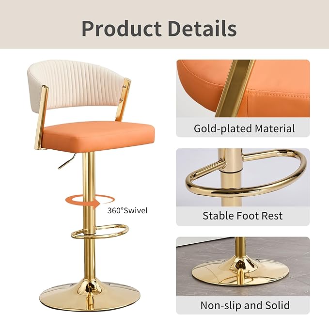 Bar Stools Set of 2, Adjustable Swivel Counter Height Bar Stools with Back and Footrest, PU Leather Bar Chairs for Kitchen Dining Room, Orange