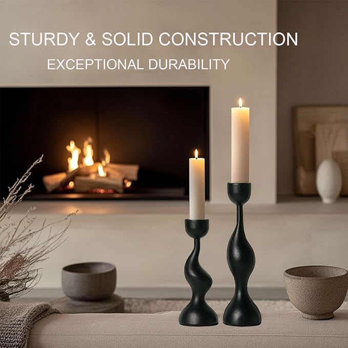 Smtyle Holloween Modern Sculptural Black Candle Stick Holders Cast-Aluminum Taper Set of 2 (7″ & 8″) Dual-Height Candlesticks for Dining Table Wedding or Home Decor