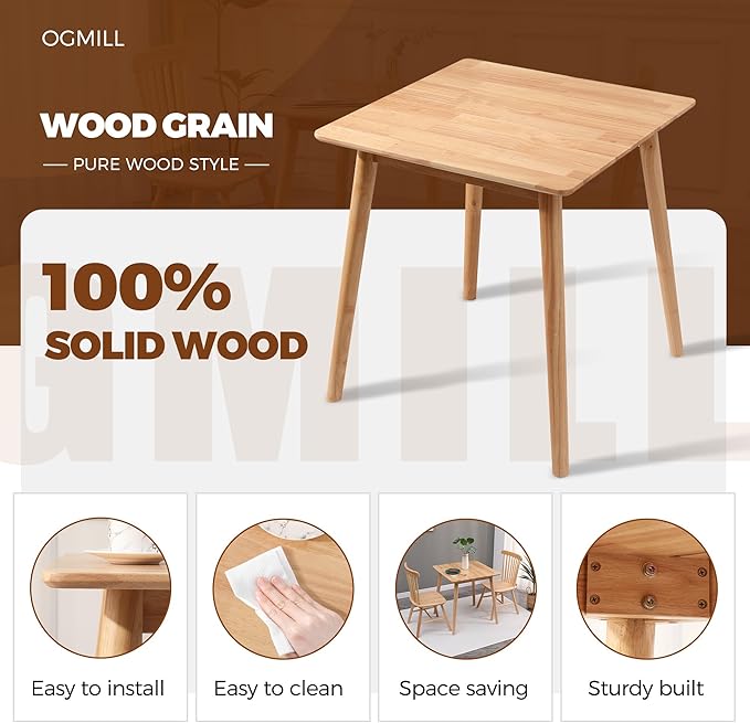 OGMILL 27.6" Small Square Dining Table for 2, Space-Saving Natural Kitchen Dinner Table Rustic Wood Mid Century Modern Table with Solid Wood Leg for Small Spaces