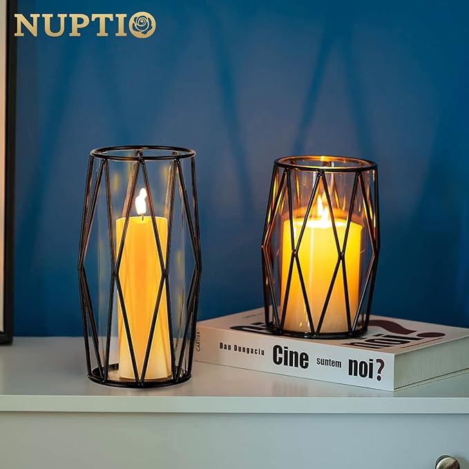 Nuptio Black Pillar Candle Holders - Glass Candles Holder with Geometric Metal Rack Stand for Wedding Birthday Party Centerpieces - Flower Vase Small Hurricane Vases for Office Living Room