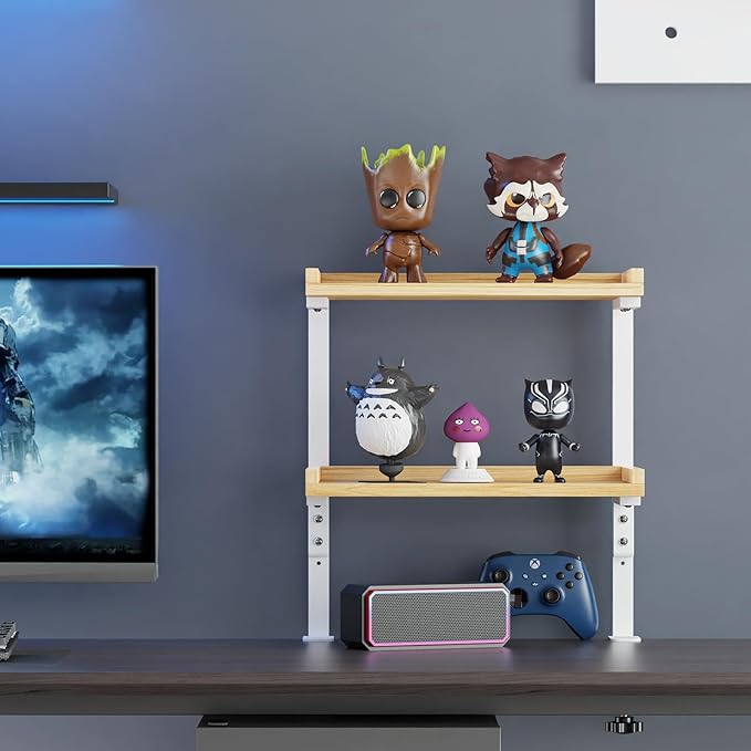 Clamp On Desk Shelf 2-Tier, 12.5 inch Wood Shelving Unit for Office Desk/Gaming Accessories, Tabletop Book Storage Rack, Shelf for Top & Under of Desk, Natural