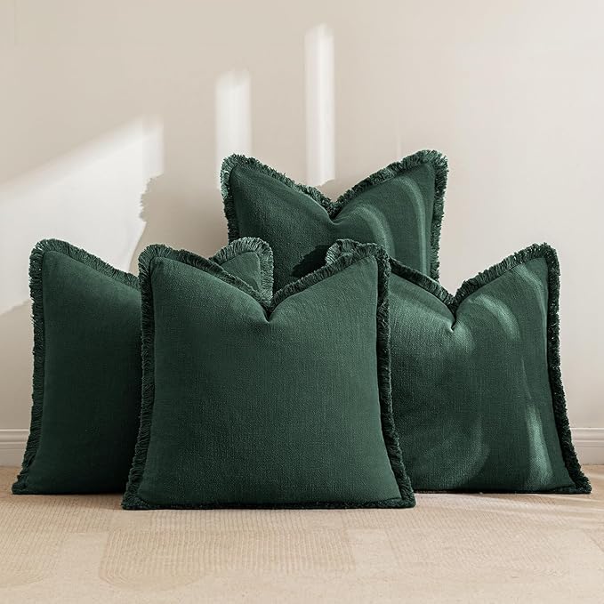 MIULEE Linen Pillow Covers 20x20 Inch Dark Green Decorative Throw Pillows with Fringe Pack of 4 Soft Farmhouse Boho Couch Pillows Home Decors for Sofa Cushion Living Room Bed