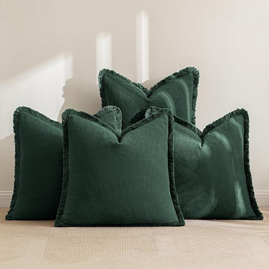 MIULEE Linen Pillow Covers 20x20 Inch Dark Green Decorative Throw Pillows with Fringe Pack of 4 Soft Farmhouse Boho Couch Pillows Home Decors for Sofa Cushion Living Room Bed