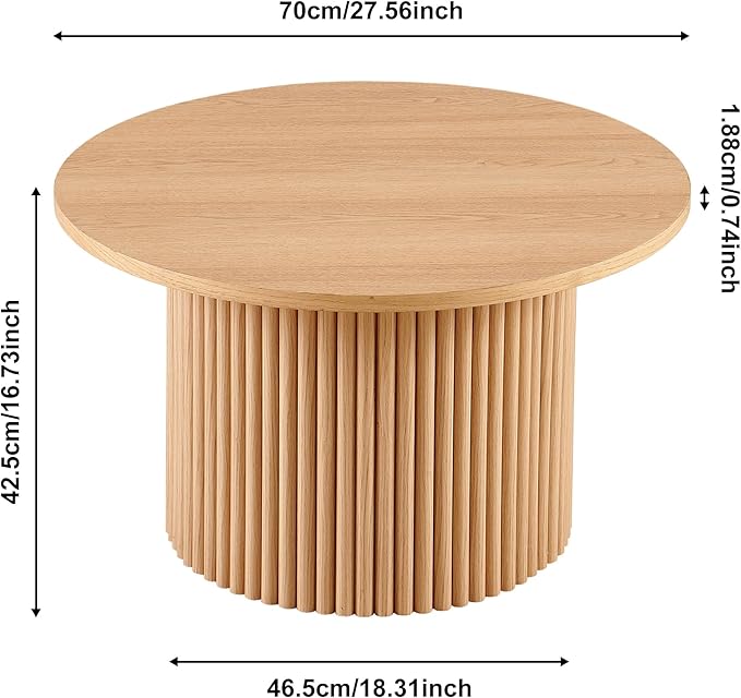 27.5'' Round Dining Table for 4, Modern Wood Farmhouse Kitchen Circle Table with Sturdy Cylindrical Pedastal, Dinner Tables for Dining Room, Living Room Oak