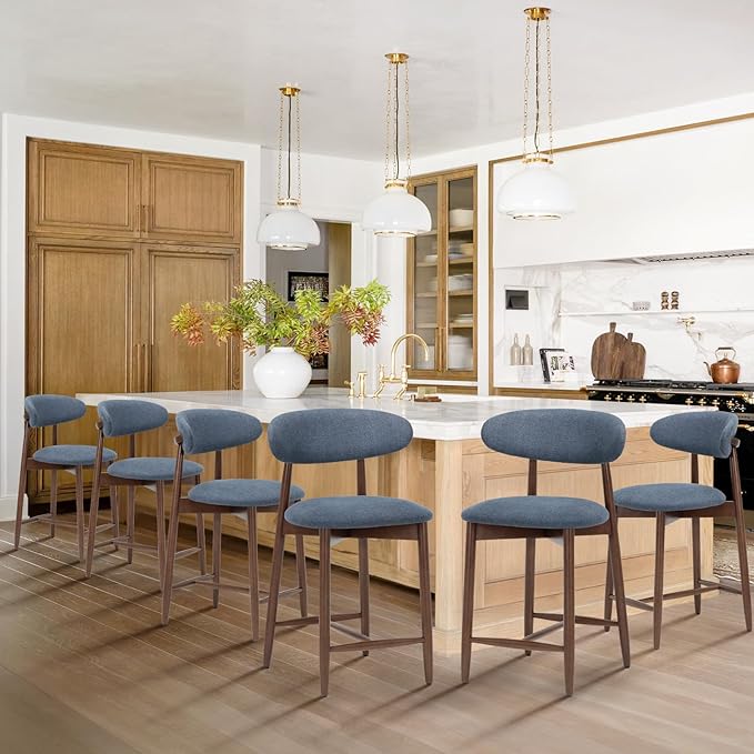 COLAMY Bar Stools Set of 6, Counter Height Bar Stools, Upholstered Counter Stools with Wood Legs for Kitchen Island Dining Room Bar, Blue
