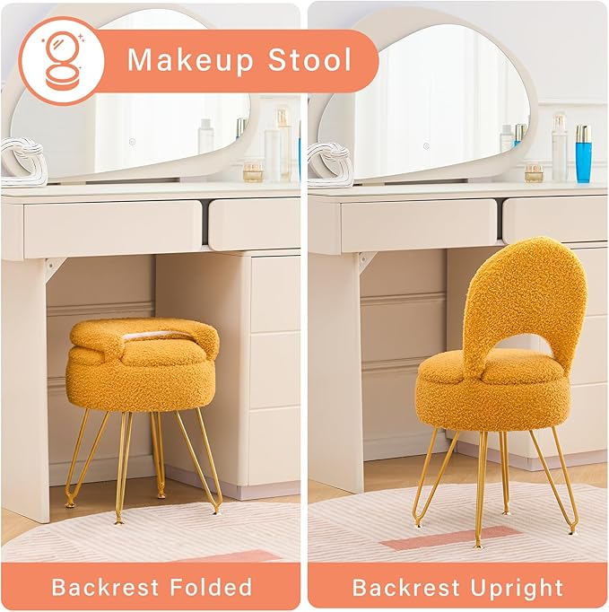 Storage Ottoman Vanity Stool Chair with Folding Back Teddy Velvet Makeup Chair Multifunctional Upholstered Footstool,4 Metal Legs with Anti-Slip Feet for Bedroom Living Room Entryway