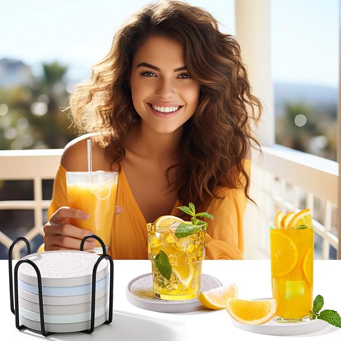 Photect Diatomaceous Earth Coasters Set with Holder Absorbent Stone Drink Coasters Instant Drying Tray for Tabletop Protection Home Decoration Housewarming Gift(Green,8 Pcs)