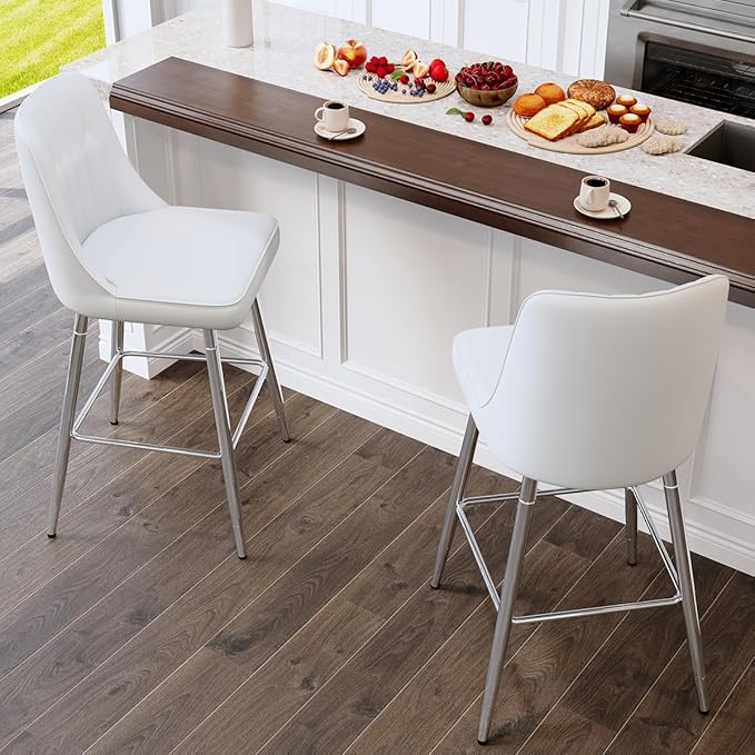 Counter Height Bar Stools Set of 4,White Bar Stools with Back,27" Upholstered Counter Height Bar Stool with Sturdy Silver Chrome Footrest,Modern Kitchen Island Chairs for Home Pub Bar