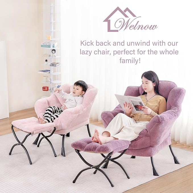 Welnow Lazy Chair with Ottoman, Modern Lounge Accent Chair with Armrests and a Side Pocket, Leisure Sofa Armchair Set, Reading Armchair with Footrest for Small Space, Plush Pink