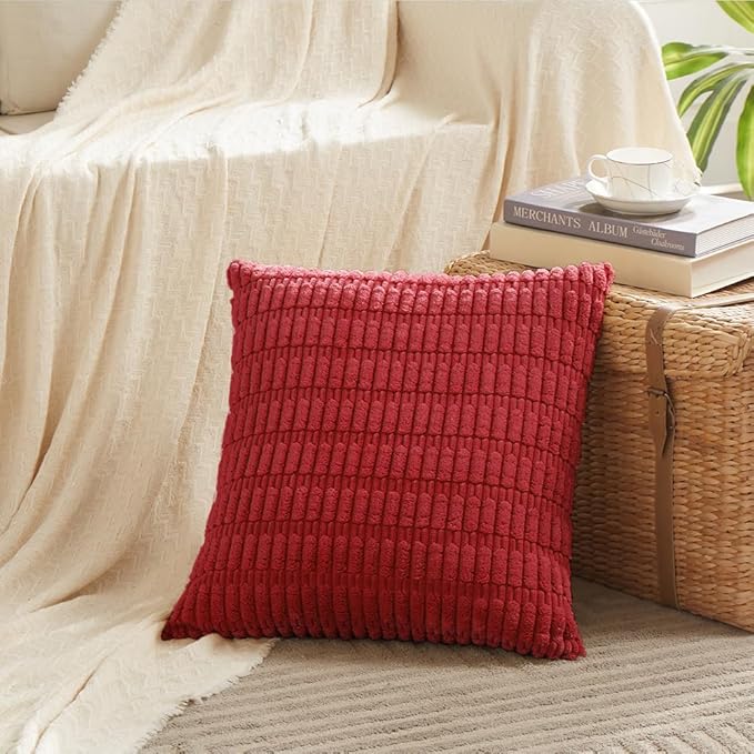 Fancy Homi 2 Packs Red Christmas Decorative Throw Pillow Covers 18x18 Inch for Living Room Couch Bed Sofa, Christmas Home Decor, Soft Striped Corduroy Square Cushion Case 45x45 cm