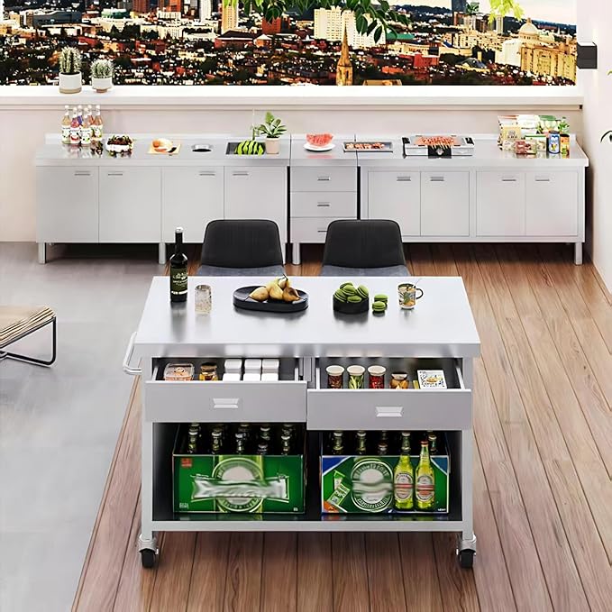 Stainless Steel Kitchen Island with Storage, Rolling Kitchen Island Cart on Wheels, Industrial Kitchen Cart with 2 Drawers, Portable Island for Commercial Kitchen, Bar, Outdoor Patio, 25 x 50 x 37 in