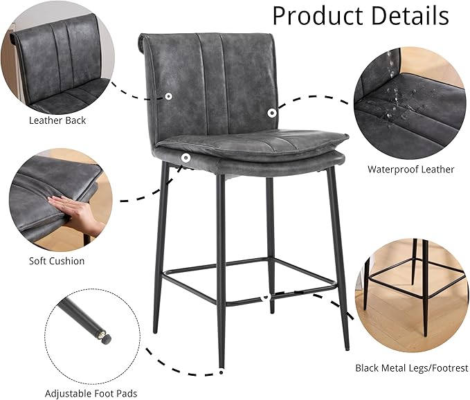 EALSON Leather Counter Height Bar Stools Set of 2 Modern 26 Inch Barstools with Back Upholstered Breakfast Counter Stools with Metal Legs Comfortable Bar Chairs for Kitchen Island, Grey