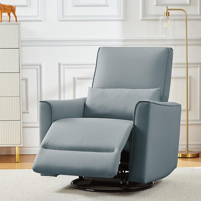 GarveeHome Recliner Chair, 360° Swivel Rocker Glider Nursery Chair with Padded Armrest and Deep Seat, PU Leather Upholstered Reclining Sofa Chair for Living Room, Bedroom and Nursery (Gray)