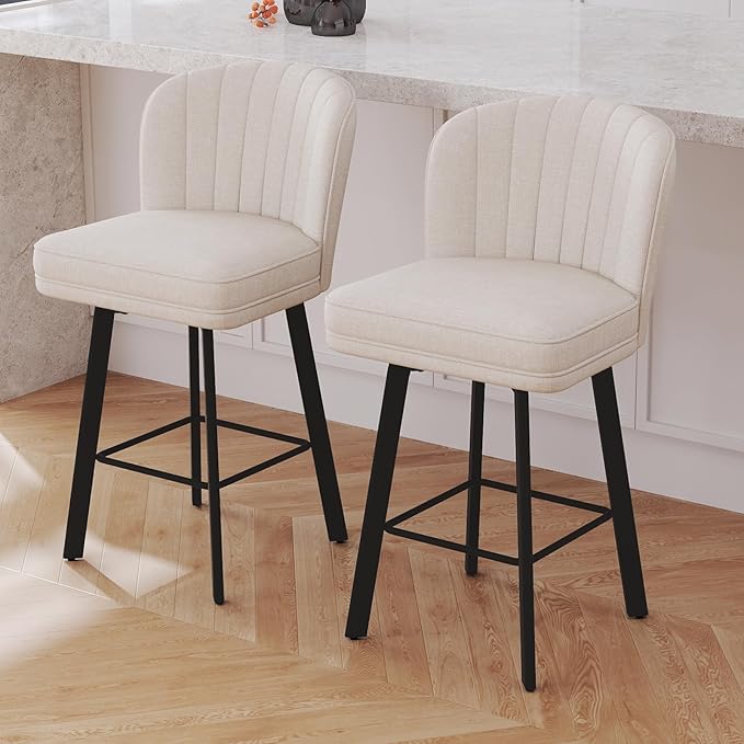 Swivel Counter Height Bar Stools Set of 2, 26'' Modern Barstools with Backs and Metal Legs, Upholstered Bar Chairs, Beige, Fabric Stools for Kitchen Island Chairs