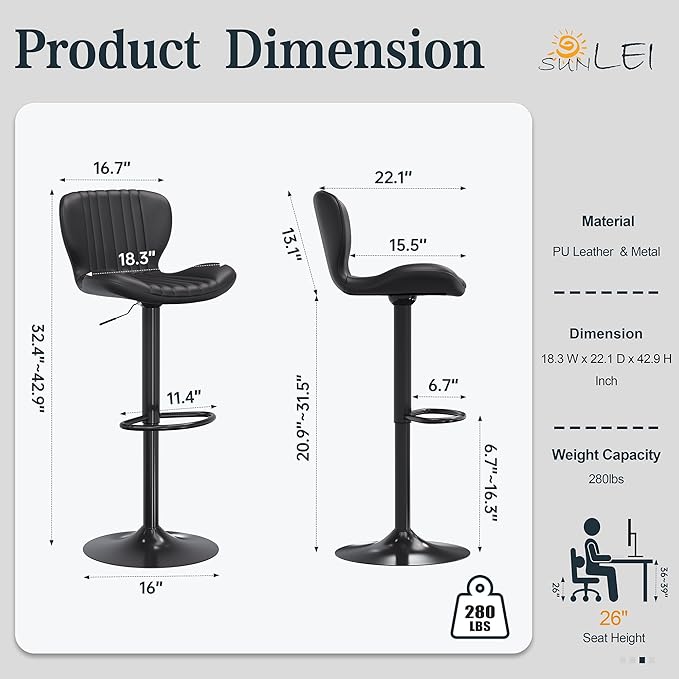 SUNLEI Adjustable Height Bar Stool, Swivel Bar Stools Set, Barstools Counter Height, bar stools Adjustable for Kitchen Counter, Island, Dining Room Black, Set of 2
