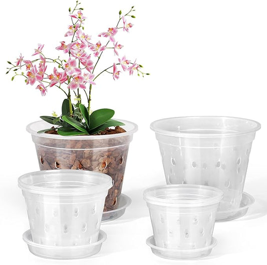 Orchid Pot, 6 Pack 4 5 6 Inch Clear Orchid Pots with Holes and Saucers for Repotting, Breathable Slotted Plastic Orchid Planters with Drainage for Root Health Indoor Outdoor (4/5/6 Inch)
