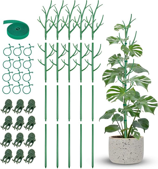 NiHome 50" Plant Support Stakes 5-Pack for Indoor & Outdoor Garden Climbing Plants Enhances Upright Growth - UV-Resistant, Non-Rotting Plastic Natural Branch Look for Pothos, Clematis, Ivies (Green)