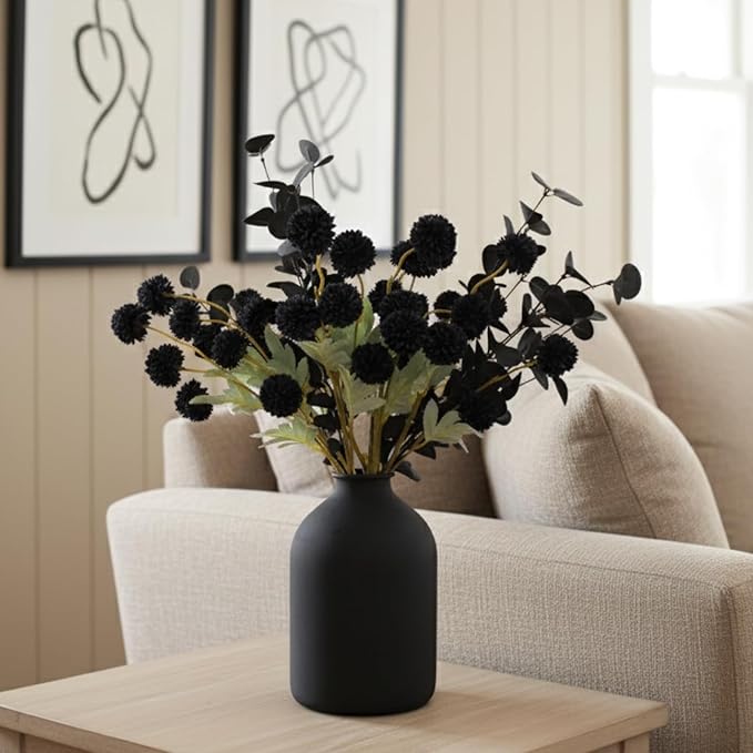 RyddeligHome Black Artificial Flowers for Centerpieces Bulk 10 Long Stems /50 Small Faux Silk Mum Balls + Black Eucalyptus Stems 2 Branches, Fall Boho Halloween Home Decor Indoor, Gothic Flowers