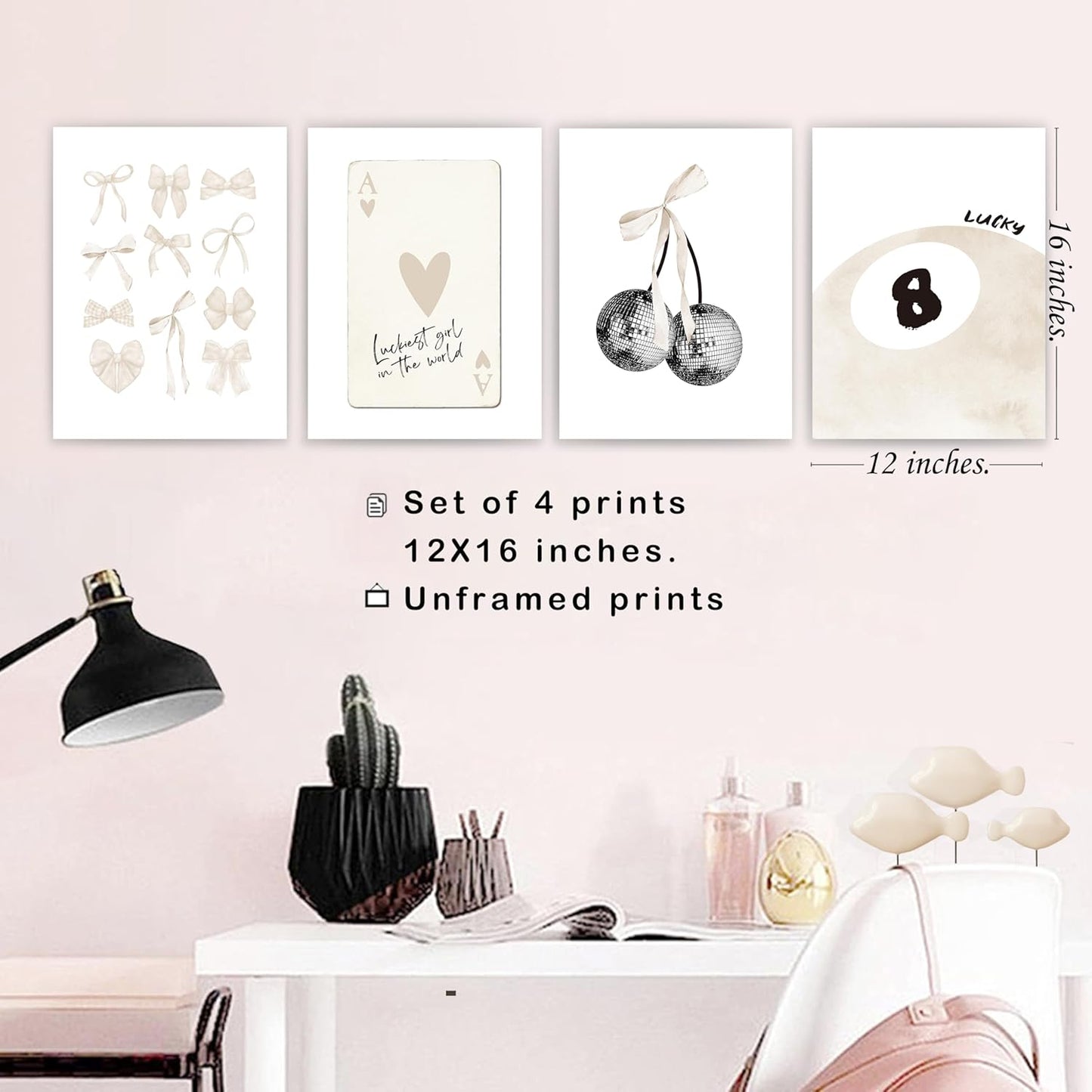 Beige Coquette Trendy Preppy Wall Art Prints Set of 4,Coquette Room Decor, Preppy Room Decor Aesthetic,Beige Bow Disco 8 Ball Cherry Wall Decor Posters for Girls Bedroom Dorm, 12x16 Unframed