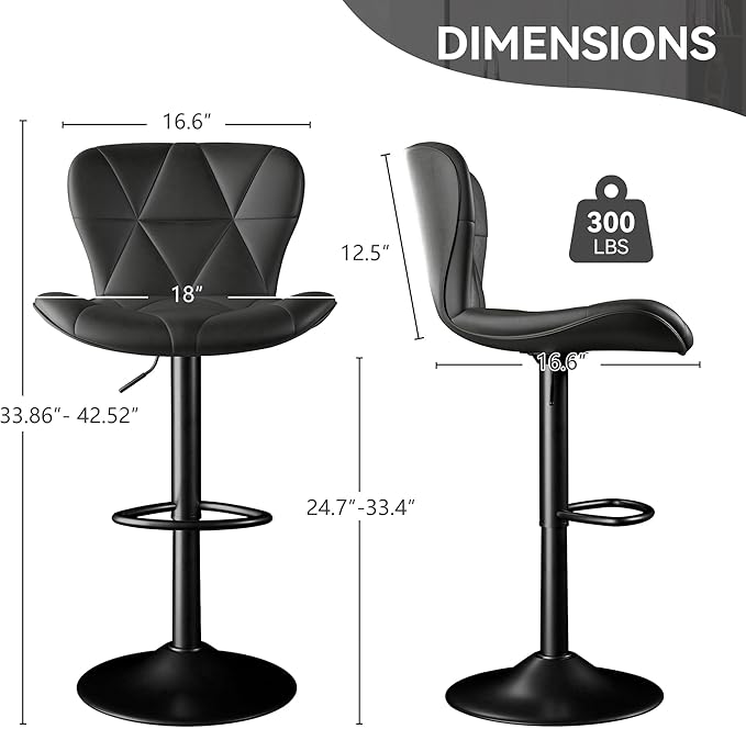 Bar Stools Set of 4,Adjustable Swivel Barstools, Faux Leather Bar Chairs,Upholstered Counter Height with High Backrest for Kitchen Island, Black
