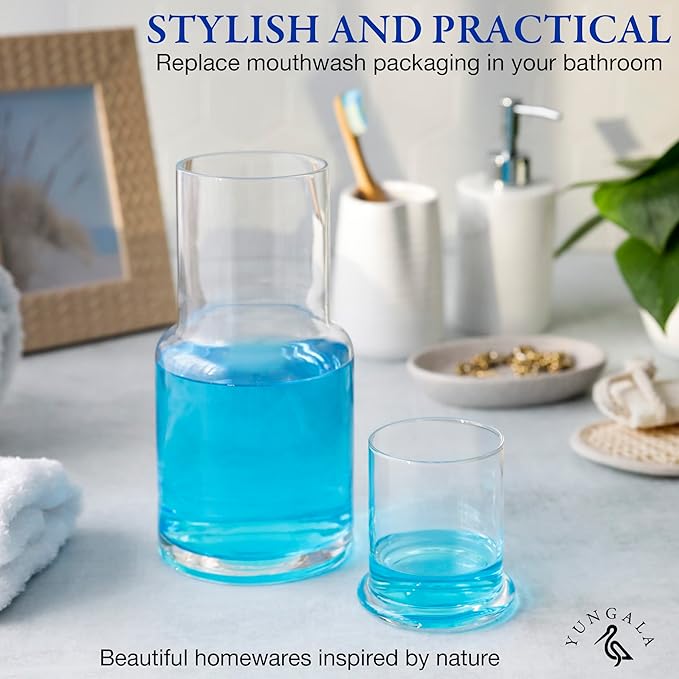 Bedside water carafe and glass set or mouth wash container for bathroom, drip free water carafe with glass cup for nightstand, modern carafe pitcher with cup